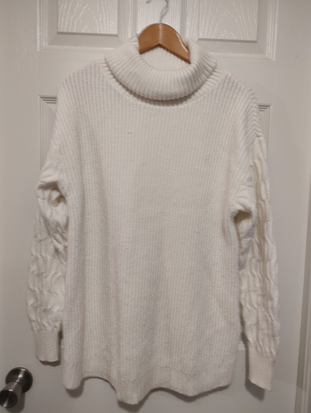 Cream Turtleneck Cable-Sleeve Sweater